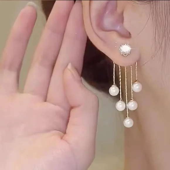 Gold and Pearl Dangle Earrings - Picture 1 of 4